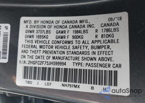 2018 Honda Civic Ex из США, поврежденный, VIN 2HGFC2F75JH599994